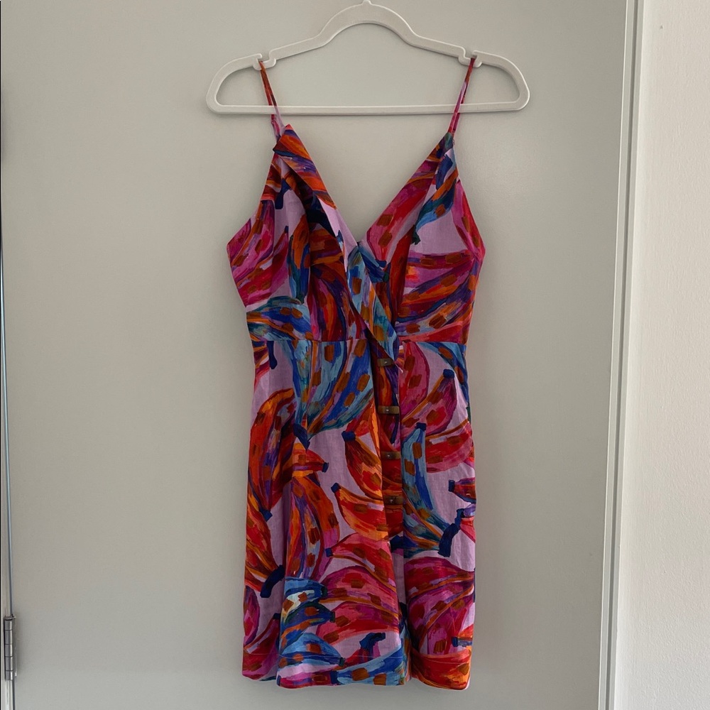 Farm Rio Colored Banana Wrap Mini Dress
Linen Orange Purple V Neck
